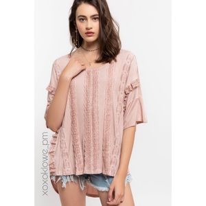 POL Pink Boho Lace & Ruffle Short Sleeve Knit Top